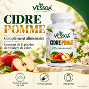 Présentation française de Cidre Pomme VESSQA avec le flacon, des pommes et les informations de format. Visuel créé avec l’IA.
