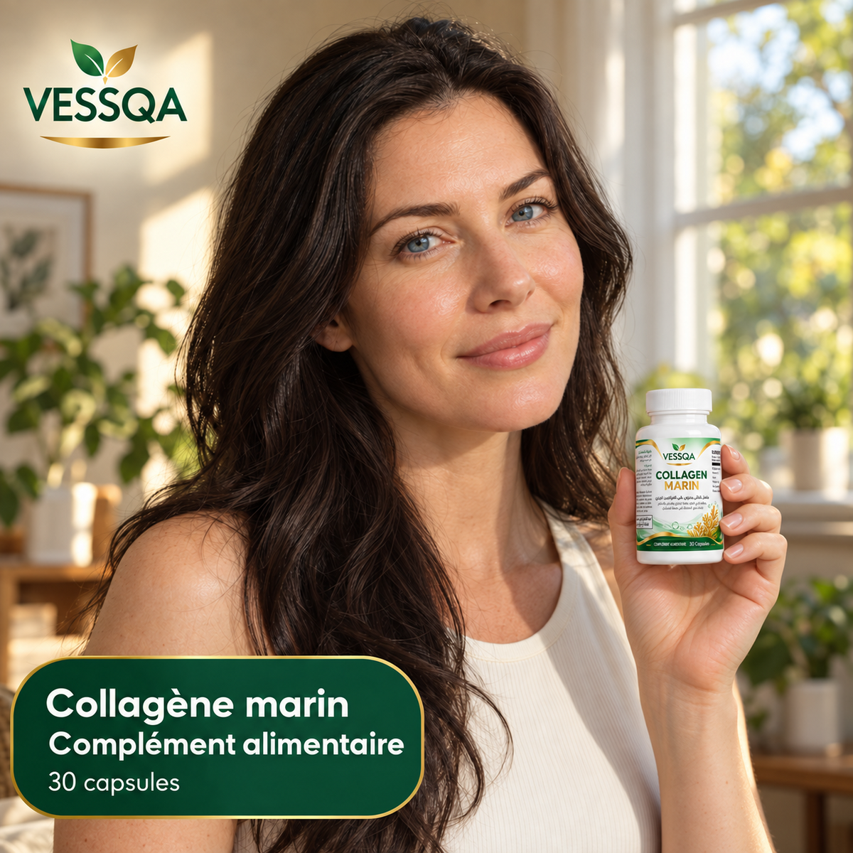 VESSQA Collagène Marin — présentation du flacon de 30 capsules dans une routine quotidienne