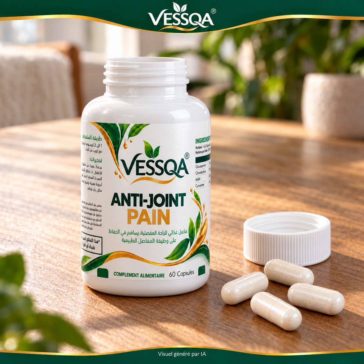 Flacon ouvert de VESSQA Confort articulaire et capsules sur une table, visuel généré par IA