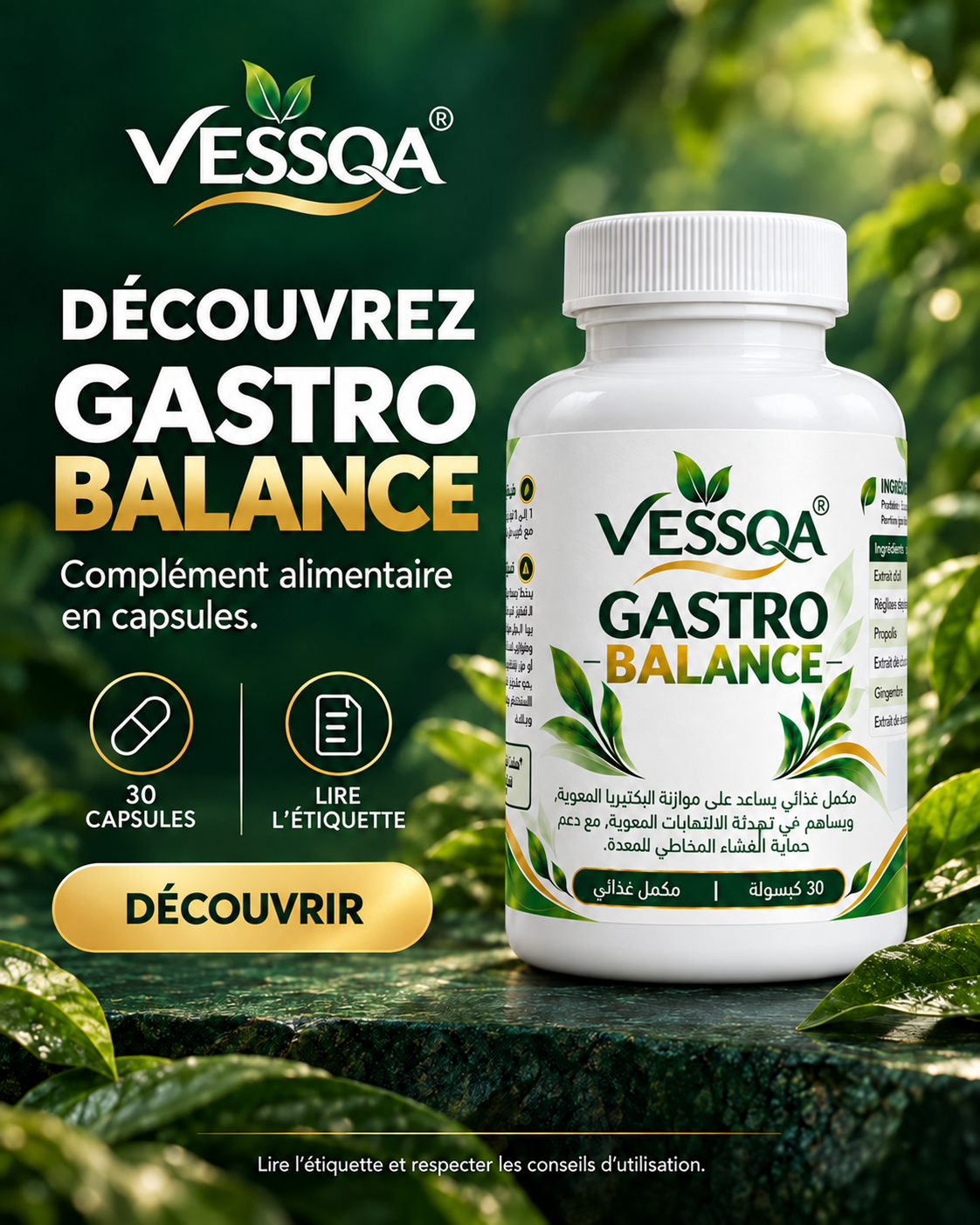 Découvrez VESSQA Gastro Balance — complément alimentaire en capsules, flacon de 30 capsules