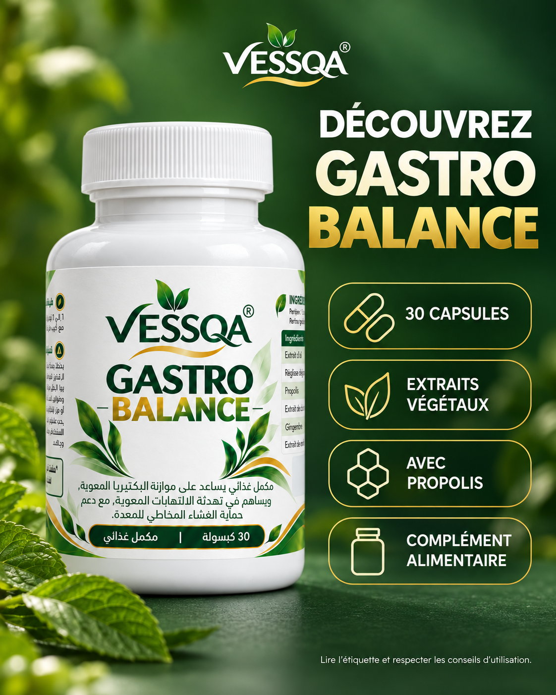 VESSQA Gastro Balance — présentation des 30 capsules, extraits végétaux et propolis