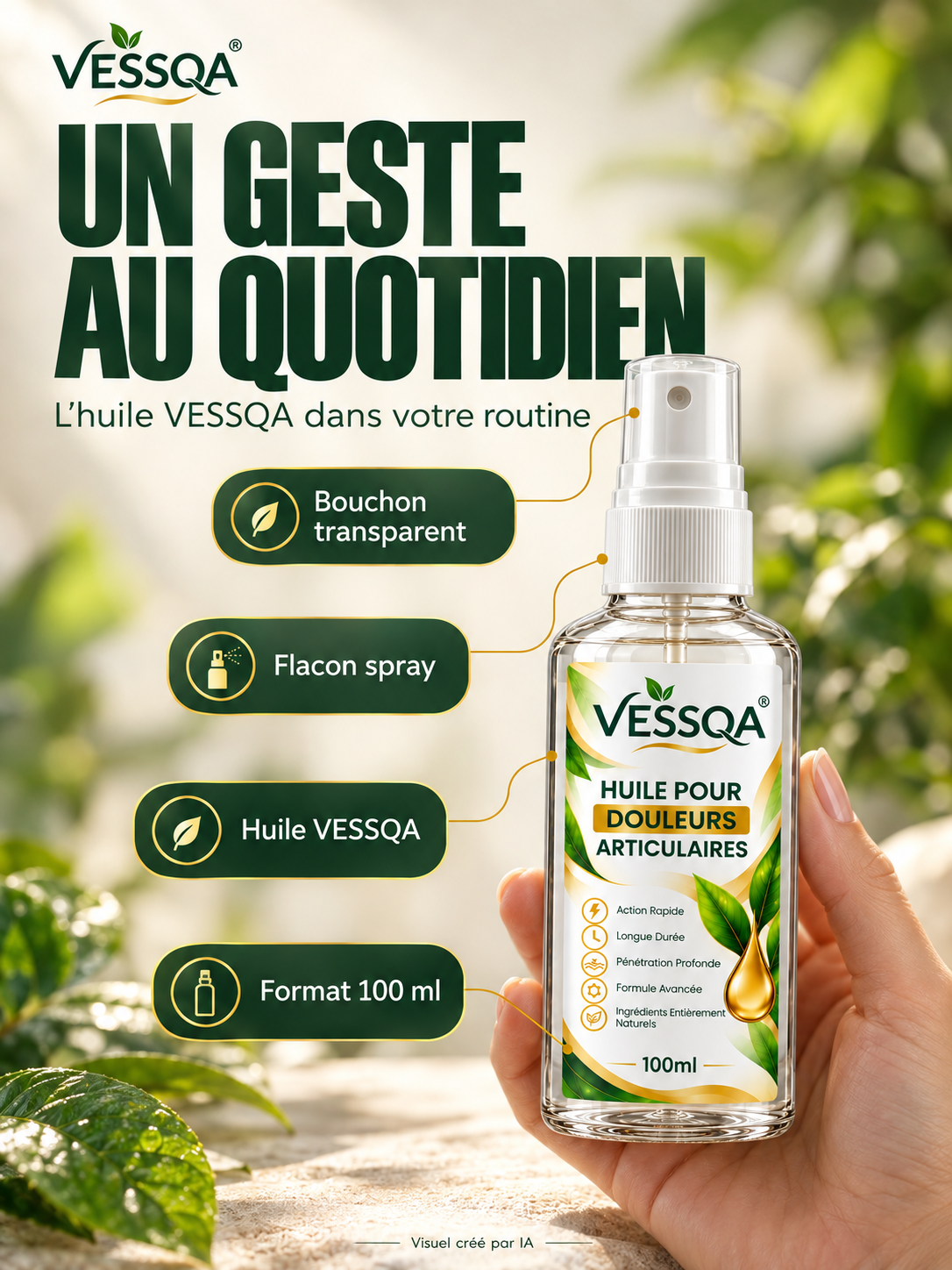 Flacon d’huile VESSQA 100 ml tenu dans une main