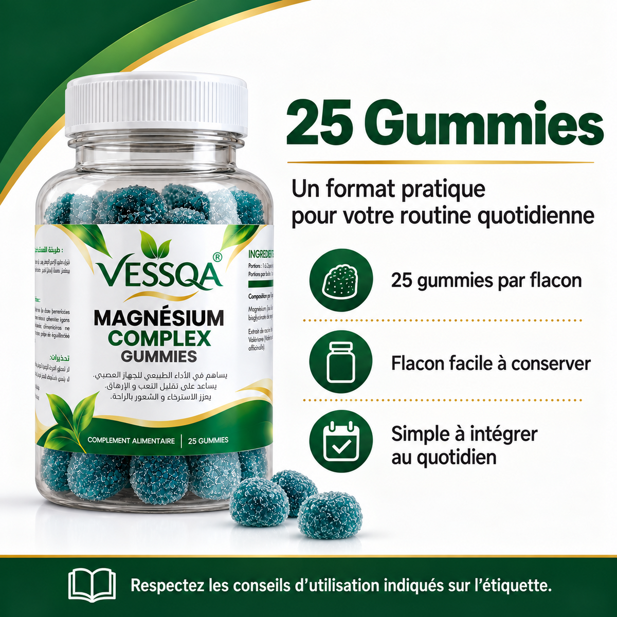 VESSQA Magnésium Complex — flacon de 25 gummies et conseils d’utilisation