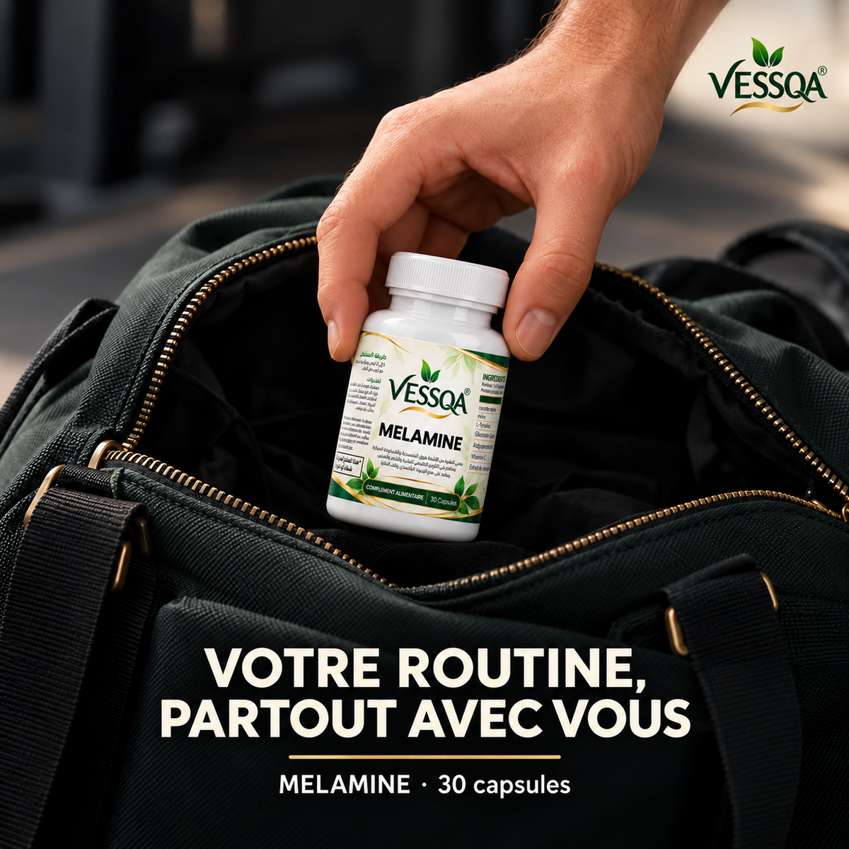 VESSQA MelanoBoost MELAMINE, flacon de 30 capsules dans un sac de sport