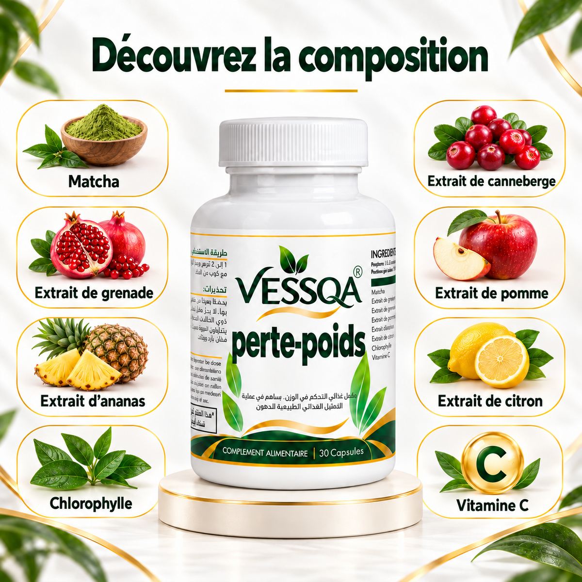 Composition de VESSQA perte-poids : matcha, extraits végétaux, chlorophylle et vitamine C