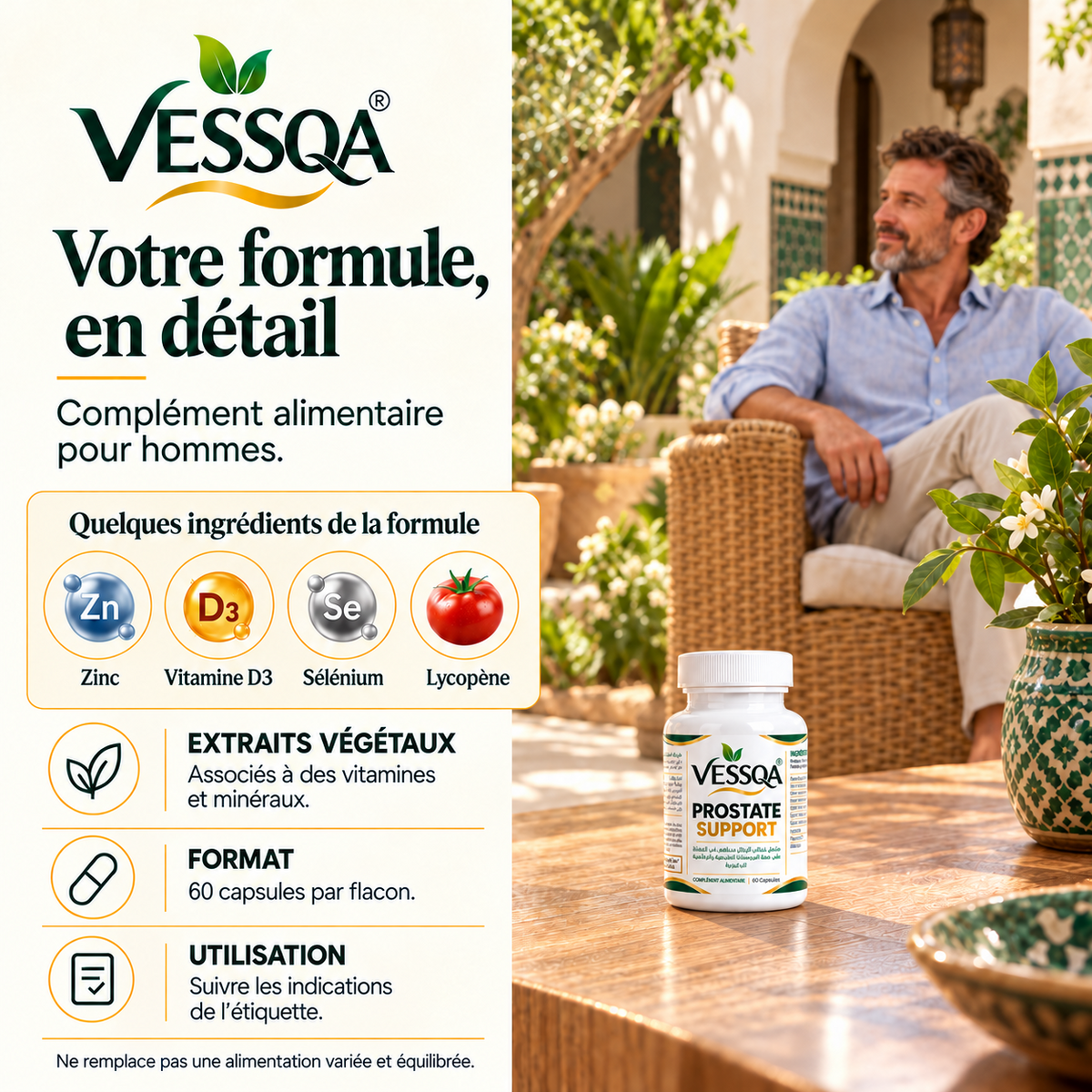 Formule VESSQA Prostate Support : extraits végétaux, zinc, vitamine D3, sélénium et lycopène