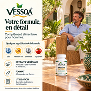 Formule VESSQA Prostate Support : extraits végétaux, zinc, vitamine D3, sélénium et lycopène