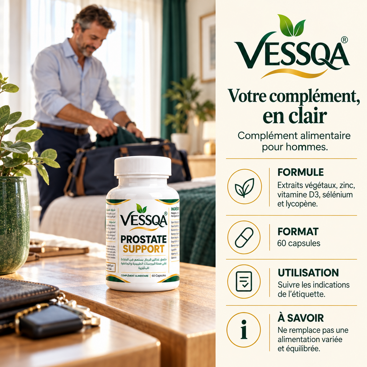 VESSQA Prostate Support : présentation du complément, format 60 capsules et conseils d’utilisation