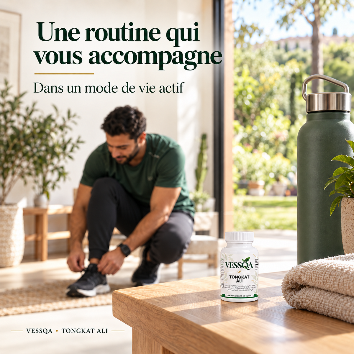 VESSQA Tongkat Ali — flacon compact sur une table dans une scène de préparation sportive
