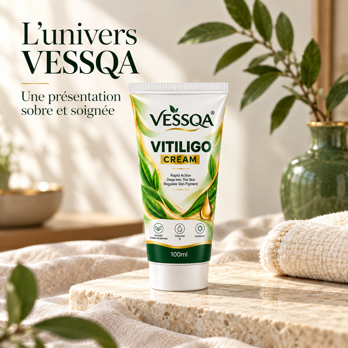 VESSQA Vitiligo Cream 100 ml — présentation du tube dans un décor botanique
