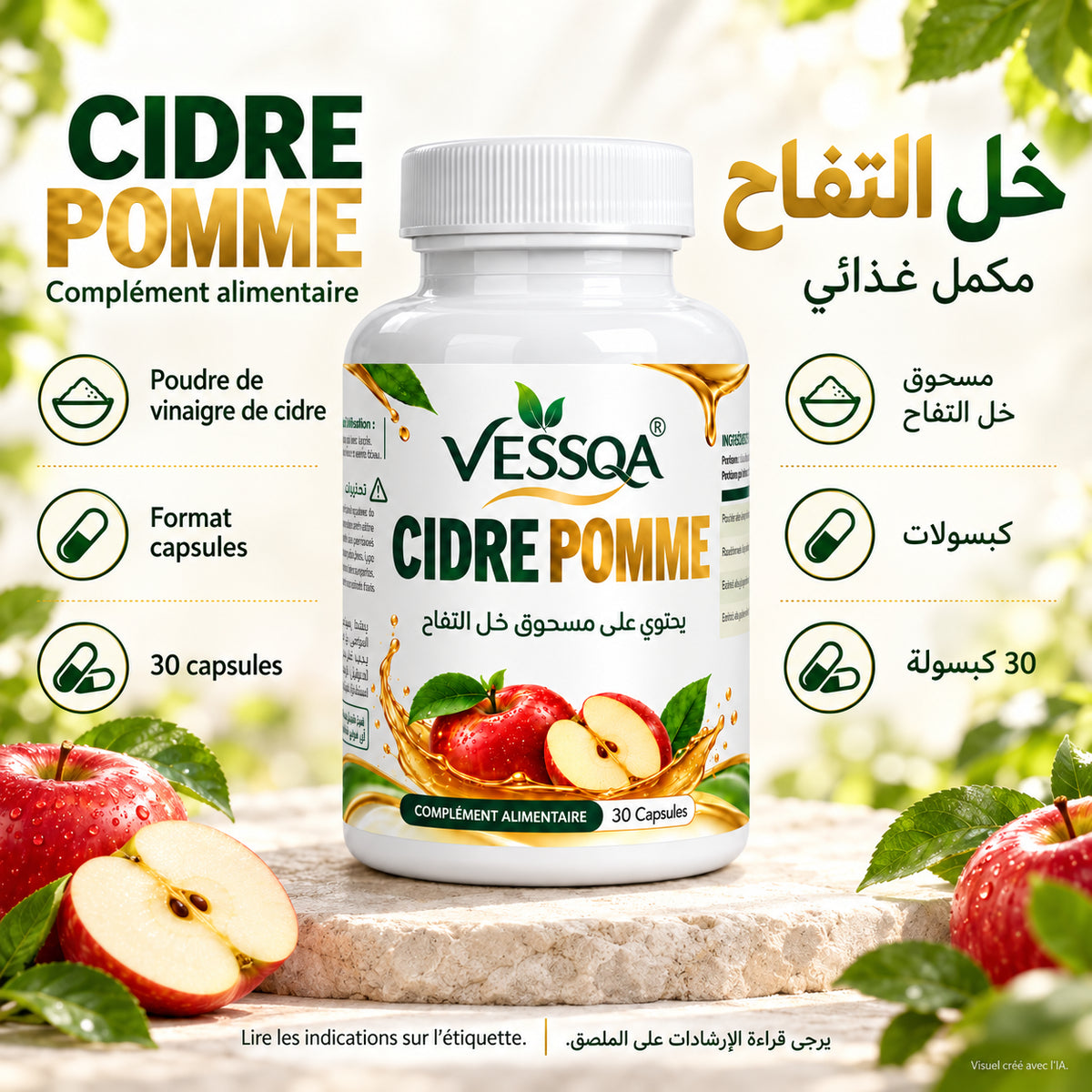 Présentation de Cidre Pomme VESSQA en français et en arabe, avec le flacon au centre. Visuel créé avec l’IA.
