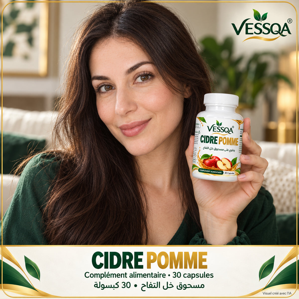 Femme tenant un flacon VESSQA Cidre Pomme dans un intérieur lumineux. Visuel créé avec l’IA.