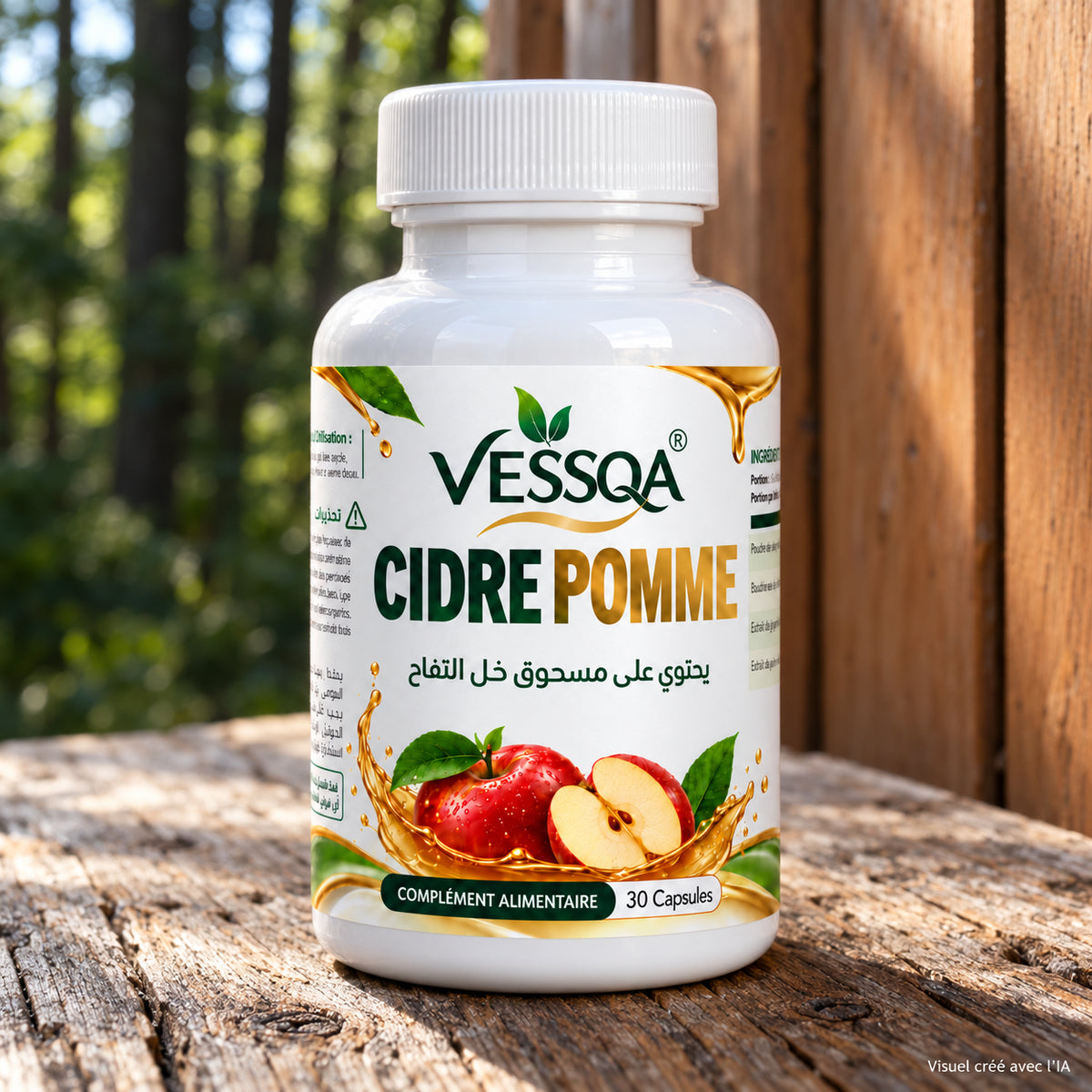 Flacon VESSQA Cidre Pomme sur une table en bois devant une fenêtre. Visuel créé avec l’IA.