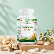 VESSQA Collagène Marin — flacon de 30 capsules sur un support en bois