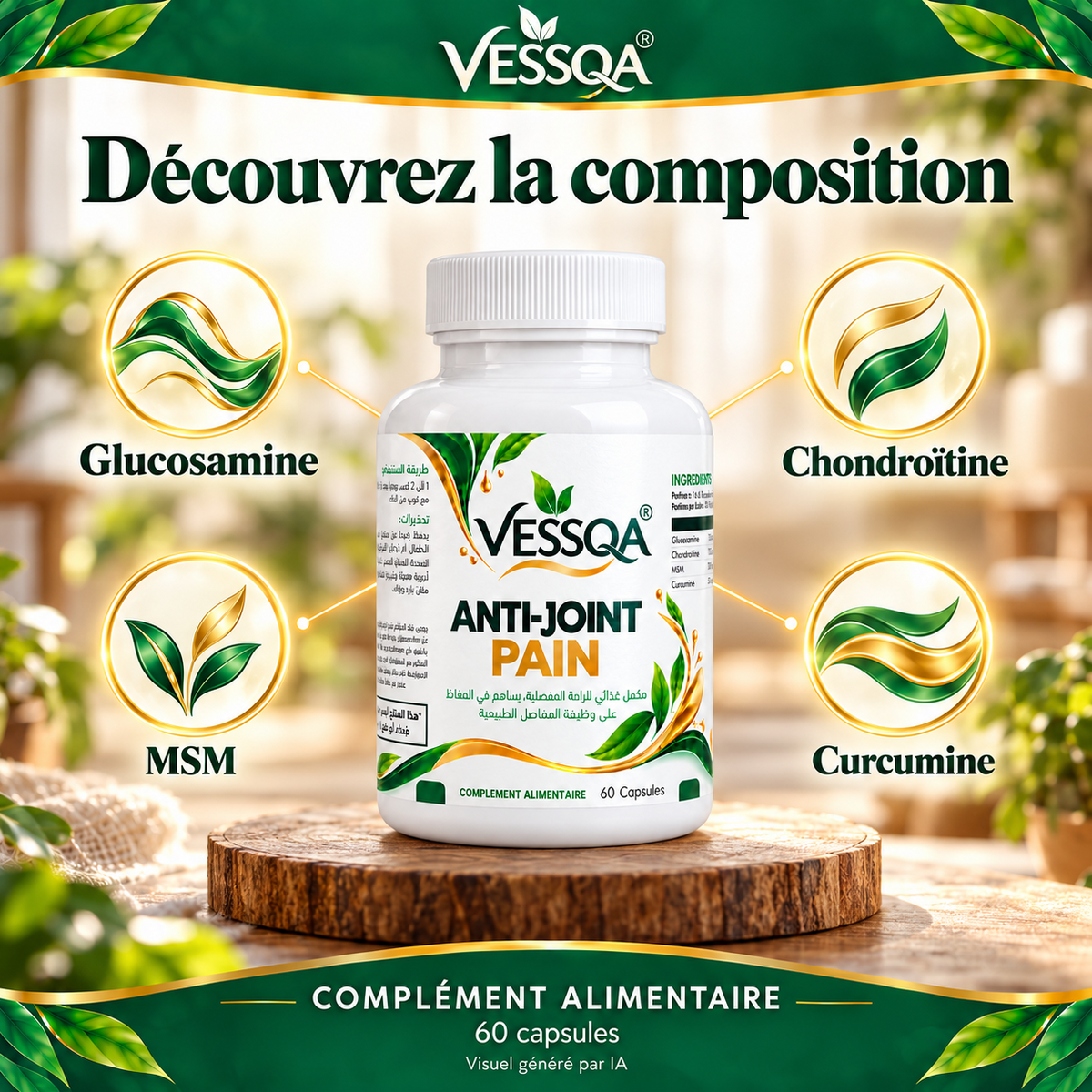 VESSQA Confort articulaire, 60 capsules : glucosamine, chondroïtine, MSM et curcumine