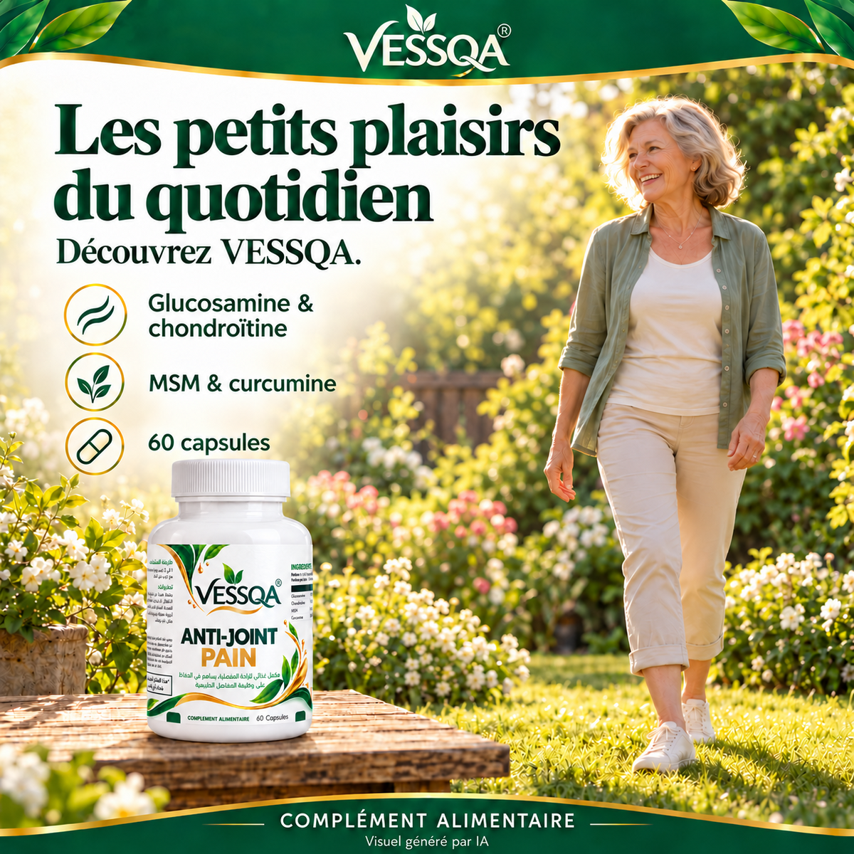 VESSQA Confort articulaire dans une scène de vie au jardin, visuel généré par IA