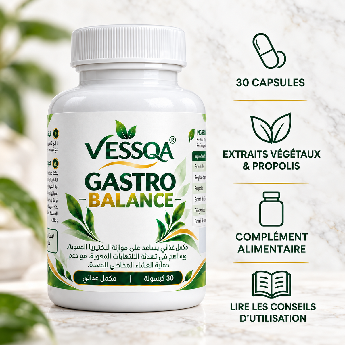 VESSQA Gastro Balance — flacon de 30 capsules, extraits végétaux et propolis