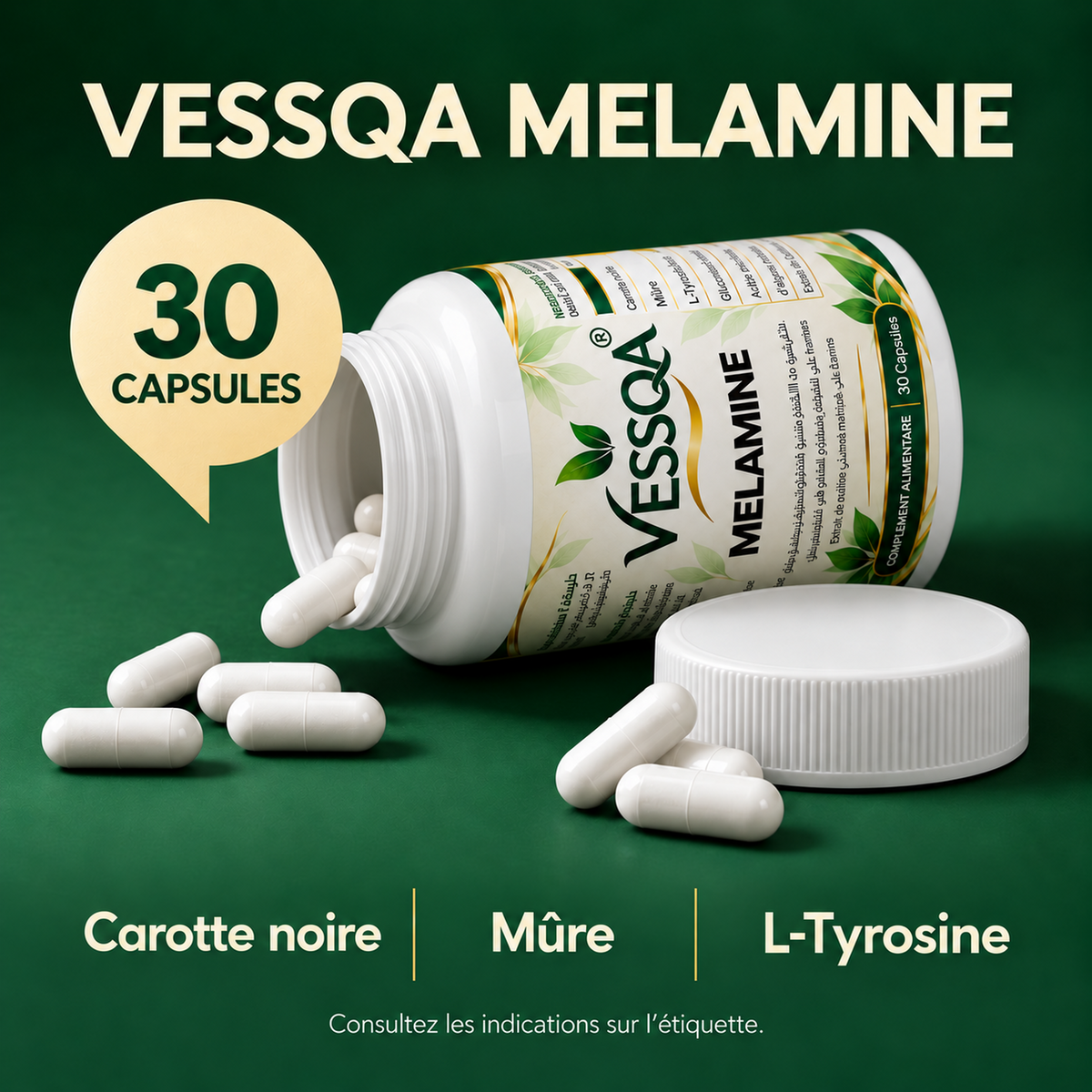 VESSQA MelanoBoost MELAMINE, flacon ouvert de 30 capsules, carotte noire, mûre et L-tyrosine
