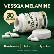 VESSQA MelanoBoost MELAMINE, flacon ouvert de 30 capsules, carotte noire, mûre et L-tyrosine