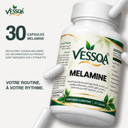 VESSQA MelanoBoost MELAMINE, gros plan du flacon et de son étiquette, 30 capsules