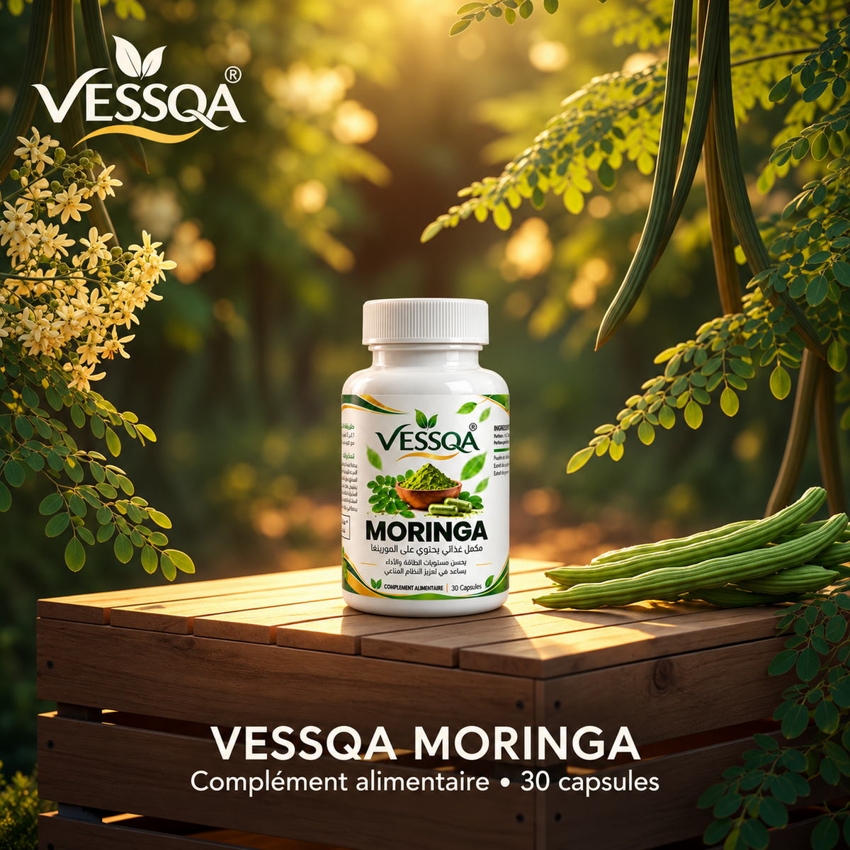 VESSQA Moringa, flacon de 30 capsules dans un décor végétal