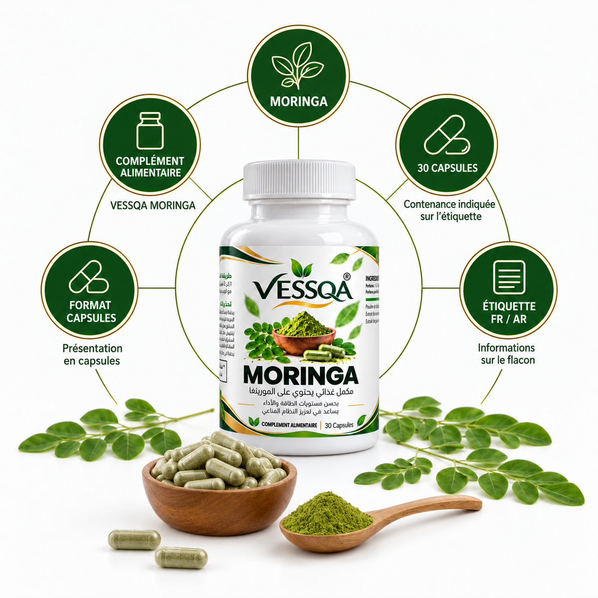 Présentation de VESSQA Moringa : complément alimentaire, 30 capsules, étiquette français et arabe