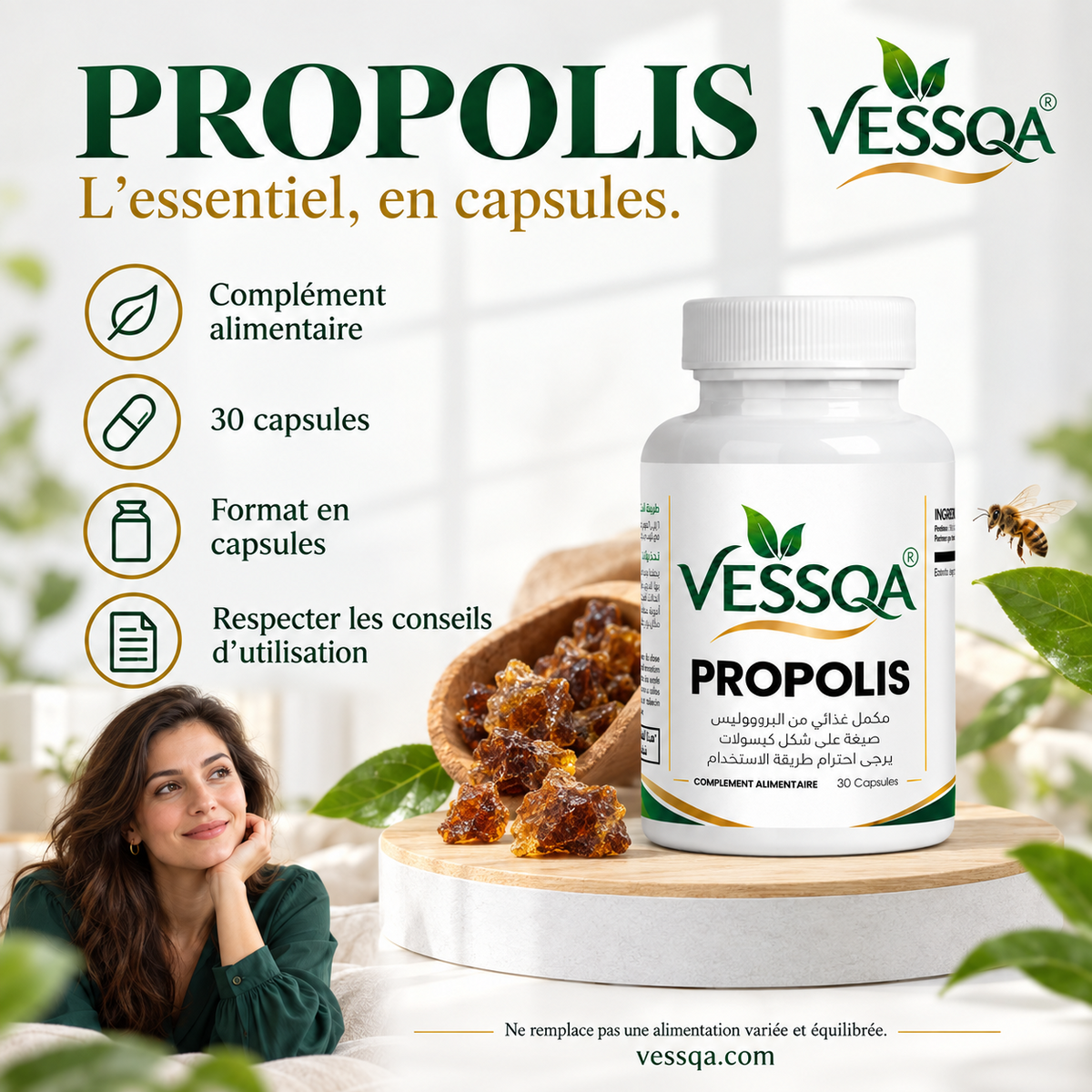 VESSQA Propolis – visuel lifestyle et présentation du flacon de 30 capsules