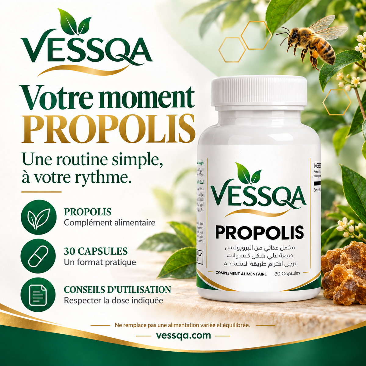 VESSQA Propolis – présentation du format de 30 capsules et conseils d’utilisation