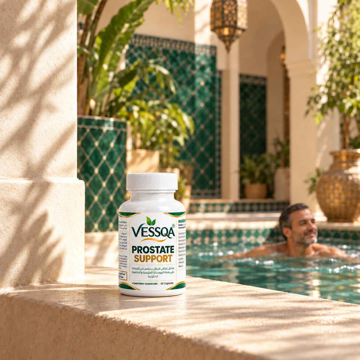 Flacon VESSQA Prostate Support 60 capsules dans un riad marocain