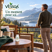 VESSQA Prostate Support sur une table, face à un paysage de montagnes et de lac