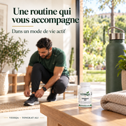 VESSQA Tongkat Ali — flacon compact sur une table dans une scène de préparation sportive