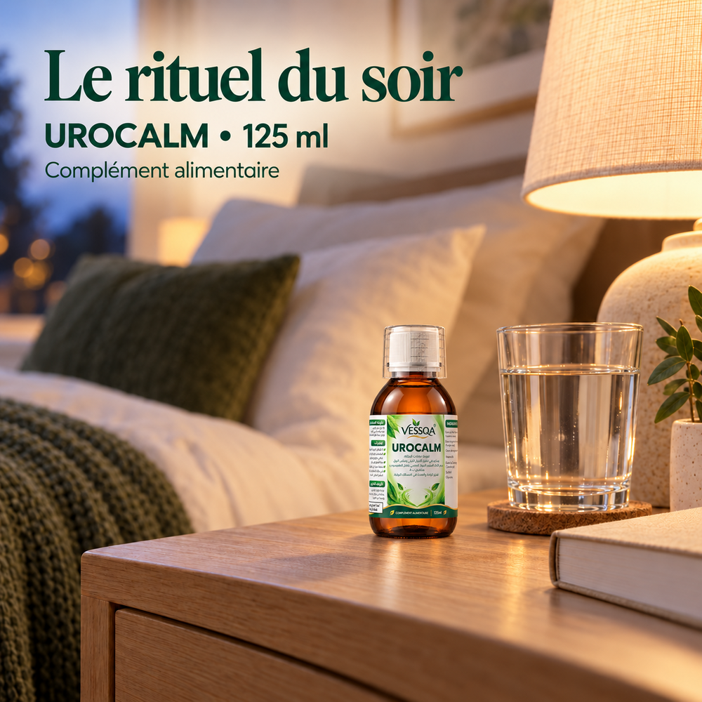 Flacon VESSQA UROCALM 125 ml sur une table de chevet, le rituel du soir