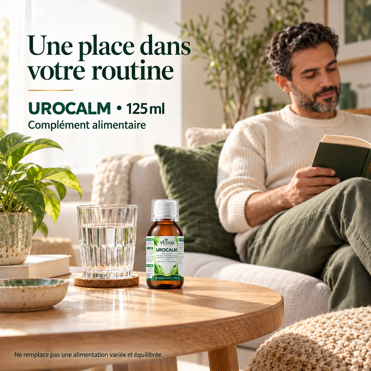 Flacon VESSQA UROCALM 125 ml sur une table dans un salon avec un lecteur