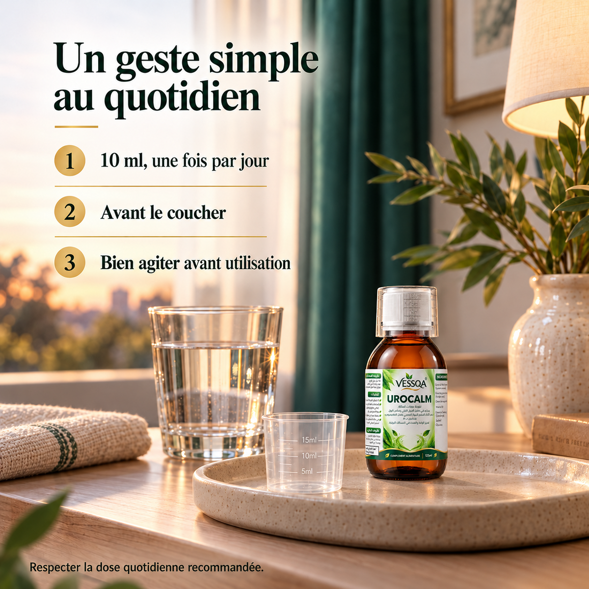 Conseils d'utilisation UROCALM : 10 ml une fois par jour avant le coucher, bien agiter