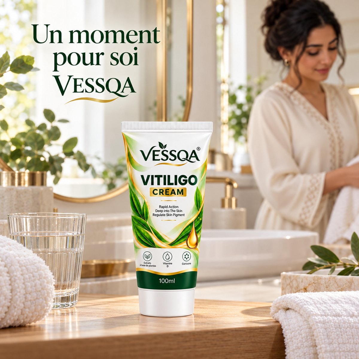 VESSQA Vitiligo Cream 100 ml — un moment pour soi dans une salle de bains